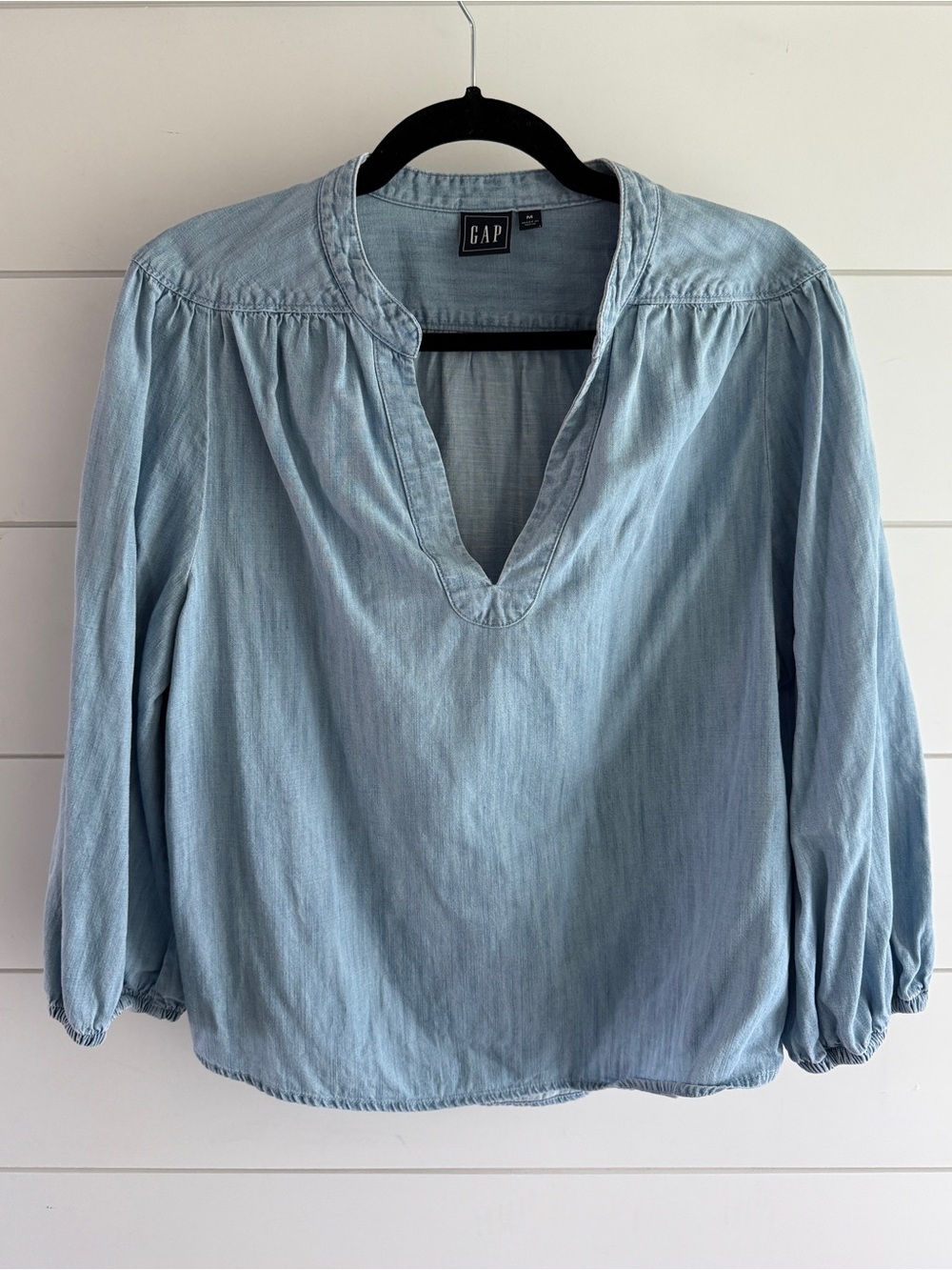 GAP Pale Blue Chambray V-Neck Peasant Blouse